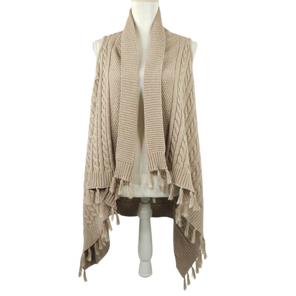 Matilda Jane Open Front Cardigan Cape Womens S Cable Knit Beige Tan Fringe Boho - Picture 1 of 16
